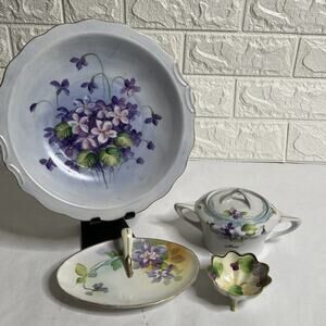 Nippon Hand‑Painted 4‑Piece Set • Purple Flowers & Gold Trim • Vintage Porcelain